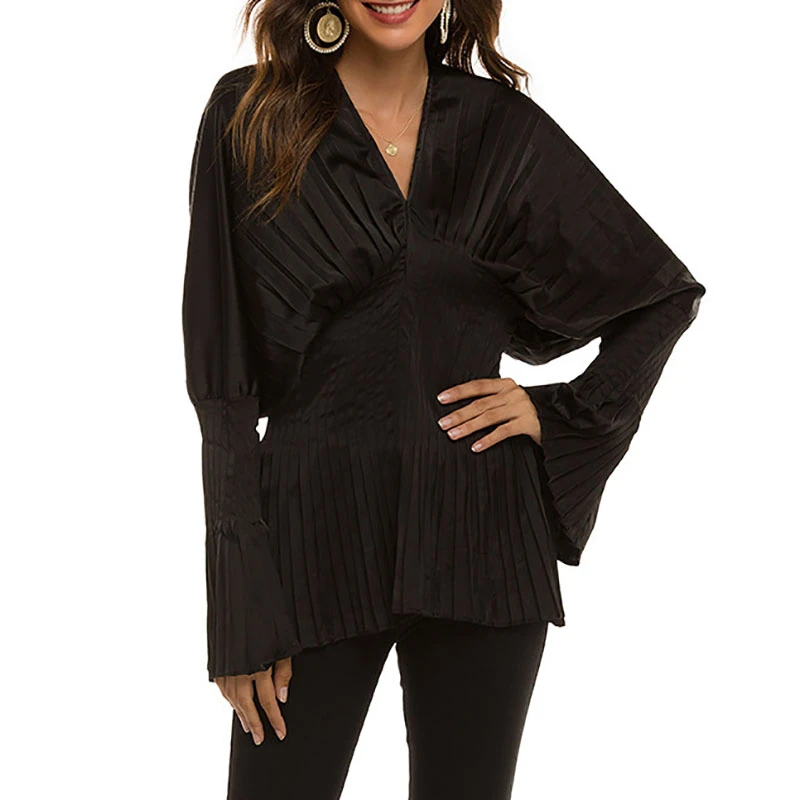 

SeeBeautiful Simple V-neck Long Sleeve Waist Loose Pressed Pleated Shirt Blouse Woman Summer 2021 New Tide Fashion T060