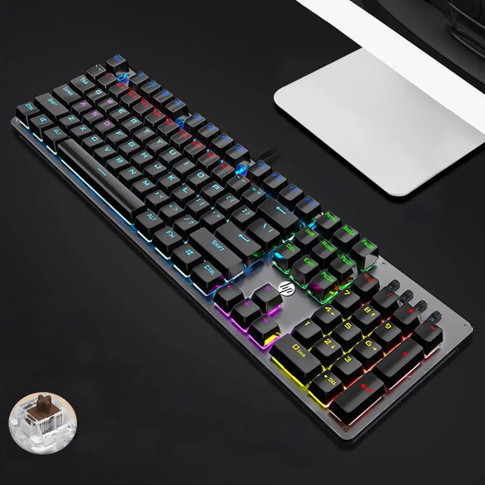 Hp GK100 Механическая игровая клавиатура с подсветкой, синий, красный переключатель, 104 клавиш, металлический цветной светодиодный компьютер с подсветкой, Проводная клавиатура для геймера