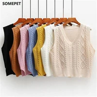 vest women solid short loose trendy korean style sleeveless knitted v neck all match female coats simple leisure outwear