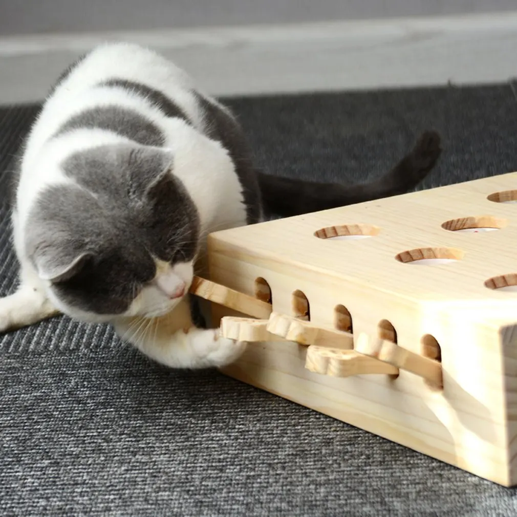 

Funny Wooden Cat Toy Box Interactive Cats Kitten Hunt Toy With Hole Design Puzzle Box With Cartoon Mouse