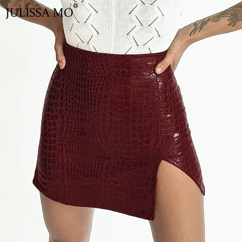 wine red Julissa mo, Черная Женская юбка из искусственной кожи, зимняя, высокая талия, Сплит, а-силуэт, юбки, готический стиль, Крокодиловая Кожа, облегающая мини-юбка, jupe femme - Цвет: wine red