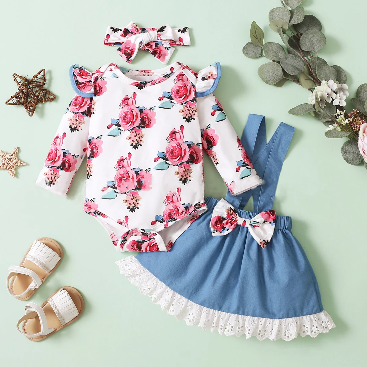

3pcs/sets Baby Girl Clothes Flowers Bow Headband + Floral Print Flying Sleeves Romper + Lace Overall Dress Edge Outfits For Kids