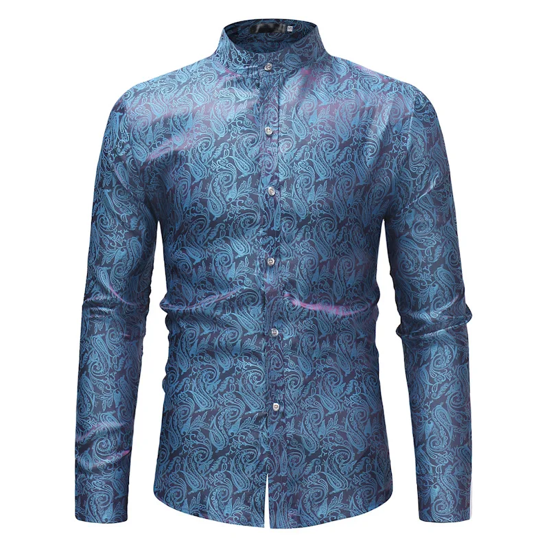 

2021 new stand-up collar printed shirt men's trendy long-sleeved shirt plus size streetwear casual shirt free shipping