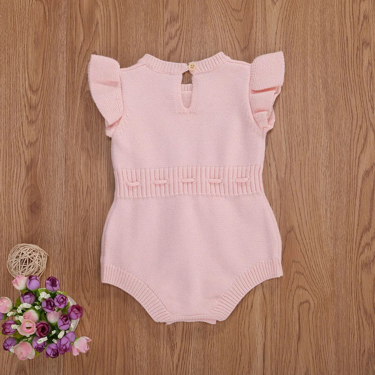 

2020 New Fall Autumn 0-24M Infant Baby Girl Flared Short Sleeve Bow Knitted Bodysuit Toddler Solid Color Jumpsuits Clothes