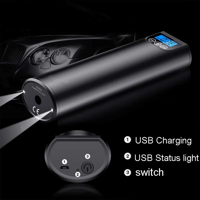 

Newly Portable Air Compressor Inflatable Pump with LCD Display USB Interface for Car Bicycles Tires Balls Swimming Rings