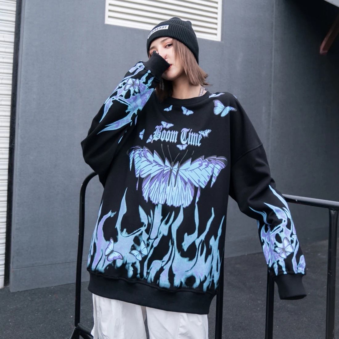 

ATSUNNY Blue Flame Butterfly Sweatshirt Hoodie Men Hip Hop Harajuku Streetwear Hipster Pullover Autumn Fashion Sweatshirts Top