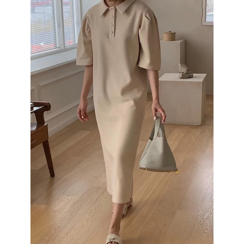 

QOERLIN Classic Straight Dress Ladies Midi Party Fashion Elegant Korean Polo Buttons Loose Dress Retro 2021 New Office Vestidos