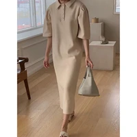 qoerlin classic straight dress ladies midi party fashion elegant korean polo buttons loose dress retro 2021 new office vestidos