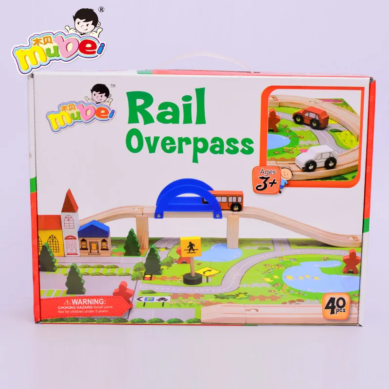 

40 pieces of urban rail transit scene combination overpass rail car children's educational wooden toy track disassembly