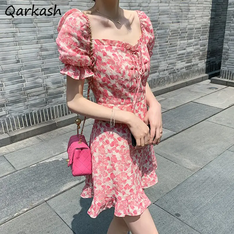 

Mini Dresses Women Lovely Stylish Chic Tunic Sweet Style Korean New Ins Summer Feminino Vestidos Basic Casual Puff Sleeve Tender