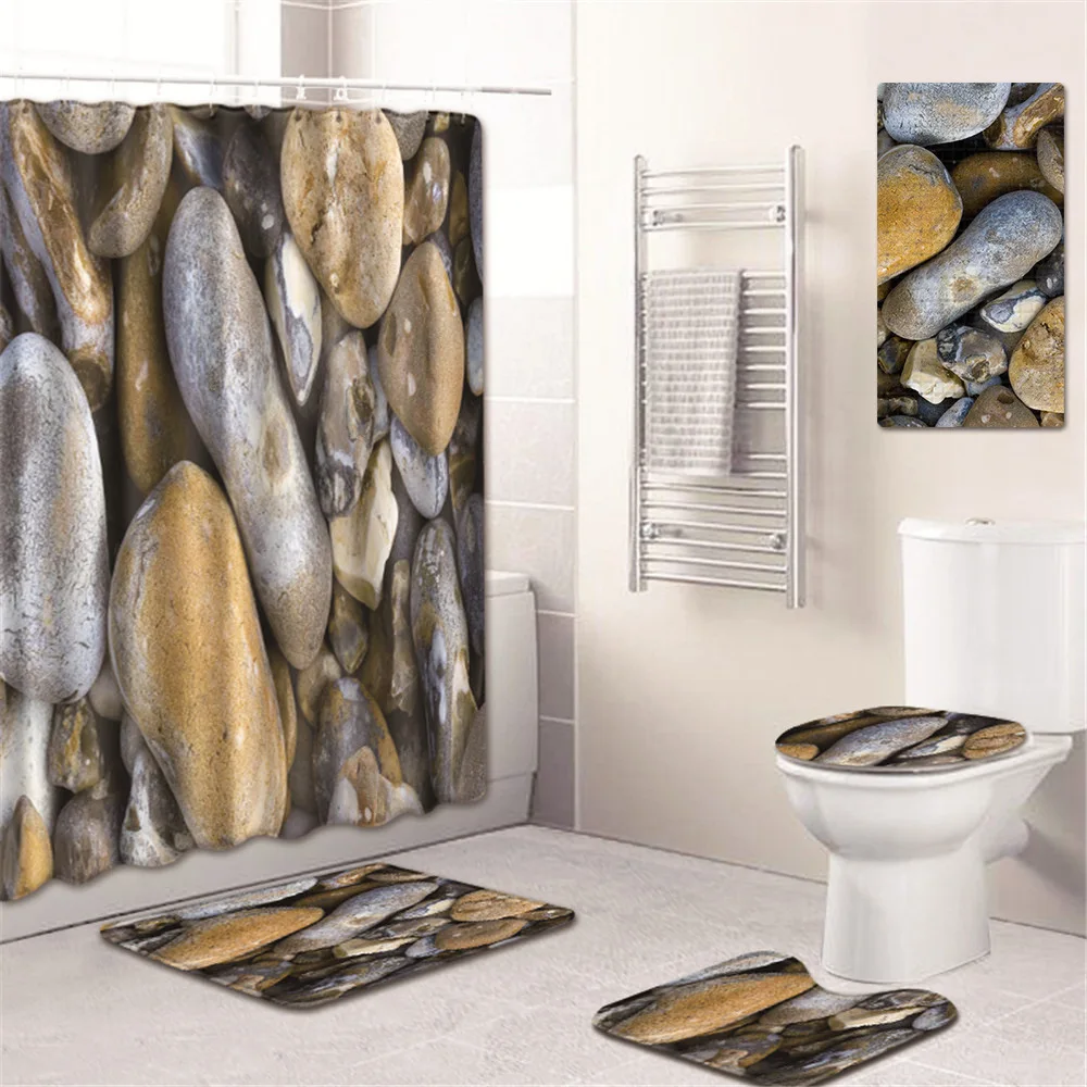 

Stone Shower Curtain Bathroom Mat Set Toilet Cover Mat Bathtub Mat Kitchen Pad Five-Piece Carpet Customized Size