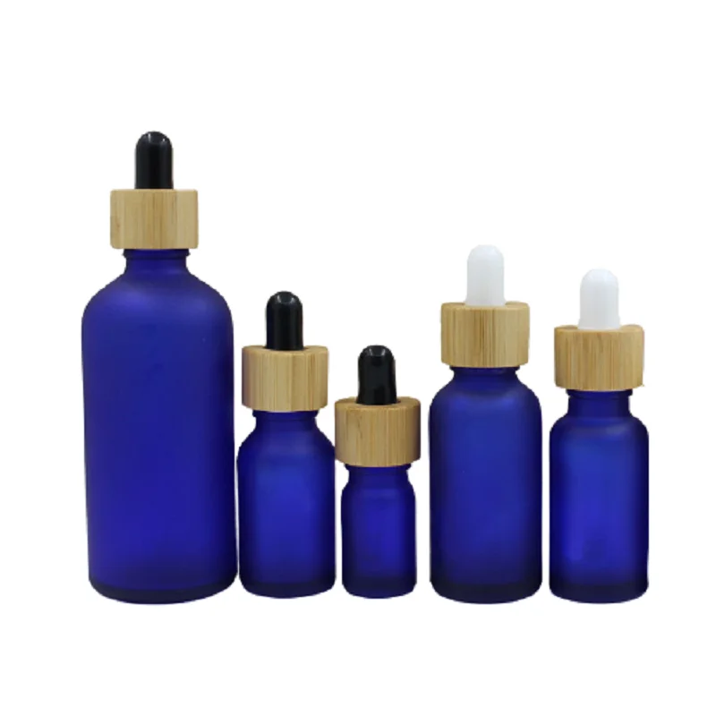 

5ml 10ml 15ml 20ml 30ml 50ml 100ml Empty Blue Frost Glass Rubber Dropper Bottle Bamboo Wood Ring Essential Oil Vials 15pieces