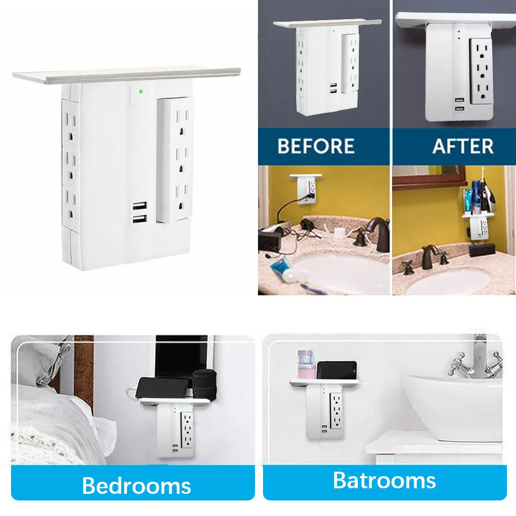 NEW Multi Plugs Socket-Shelf 8 Port Surge Protector 6 Wall Outlet Extenders 2 USB US Shelf | Мобильные телефоны и