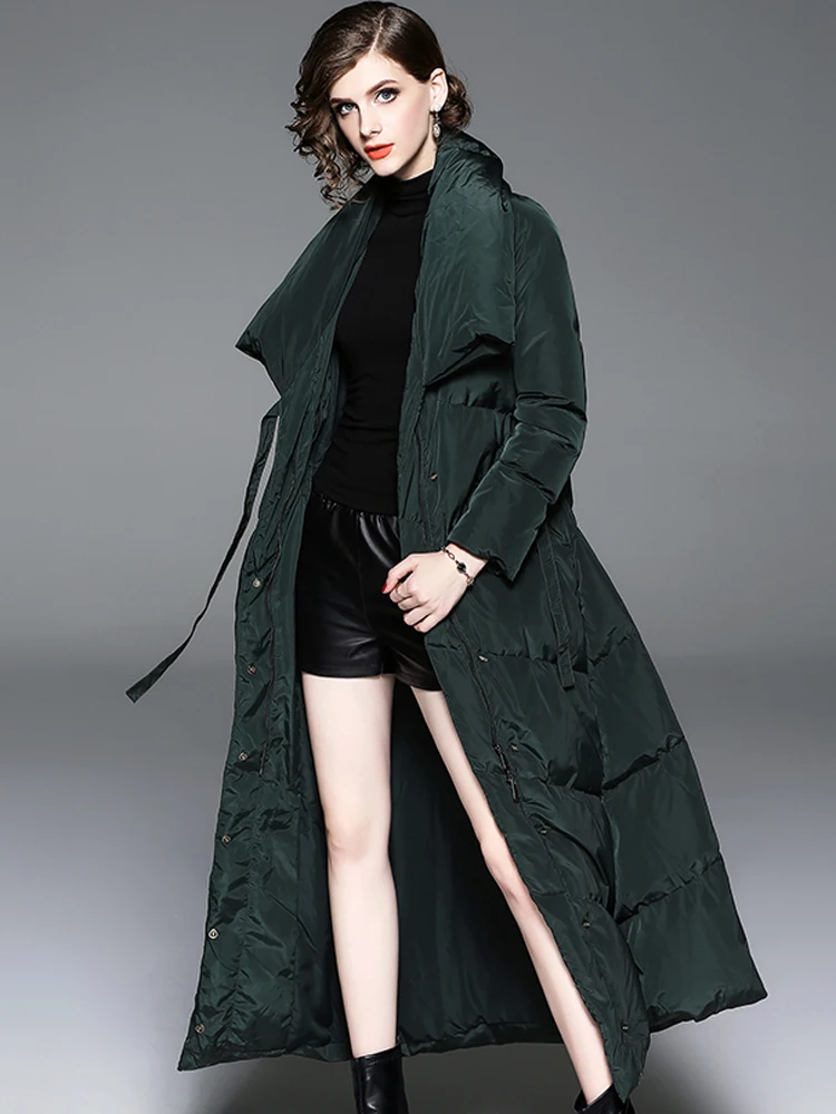 Женское длинное пальто на утином пуху зеленое или черное Макси длиной до