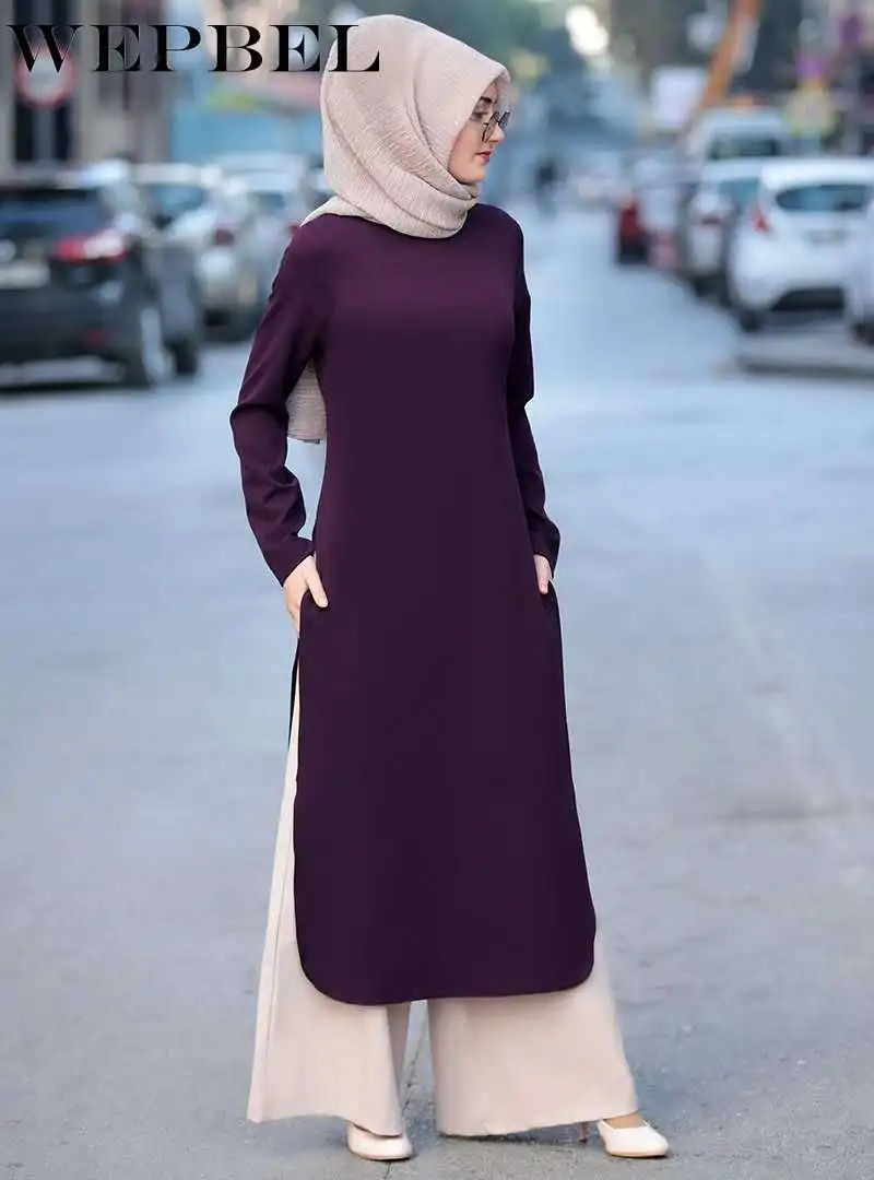 

WEPBEL Fashion Plus Size Loose Tunic Dress Dubai Ladies Solid Abaya Islamic Dresses Women Elegant Two Piece Set Muslim Dress