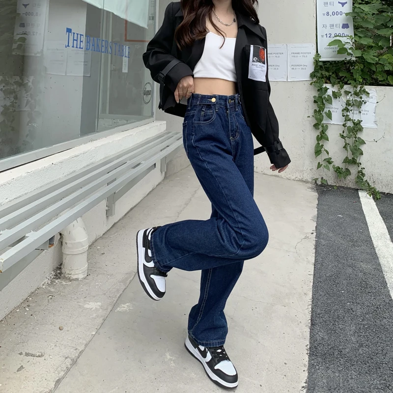 Женские джинсы с высокой талией брюки широкими штанинами синяя уличная одежда