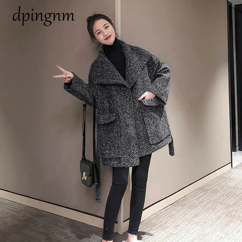New 2020  Autumn winter Plus Size Wool Coat Women Loose A-aline Long Sleeved  Medium Long Black Yellow Korean Coat Casacos