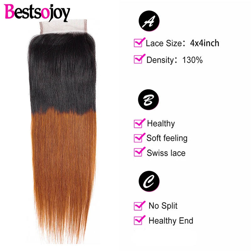 Bestsojoy Ombre Brazilian Straight Hair 3 Bundles With Closure T1B/30 Human 4*4 Lace | Шиньоны и парики