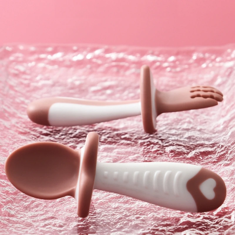 

2Pcs/Set Baby Training Soft Head and Fork Short Handle Kids Spoon BPA Free