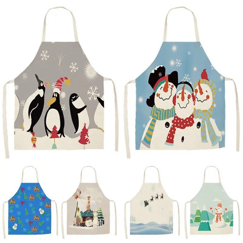 

1Pcs Snowman Christmas Apron Snowflake Pinafore Cotton Linen Aprons 53*65cm Adult Bibs Kitchen Cooking Baking Accessories CM1008