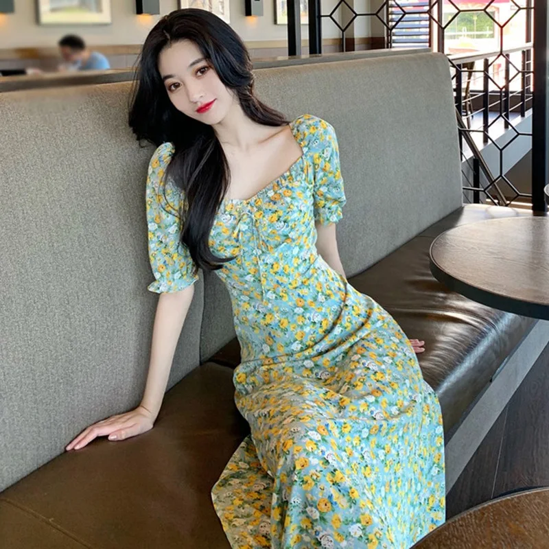 

Женское облегающее платье во французском стиле, летнее платье с квадратным вырезом и цветочным принтом