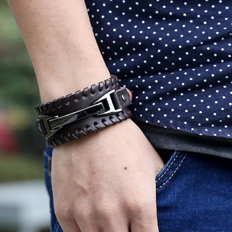 Винтажный панк кожаный браслет 2 цвета черный и коричневый модный застежка