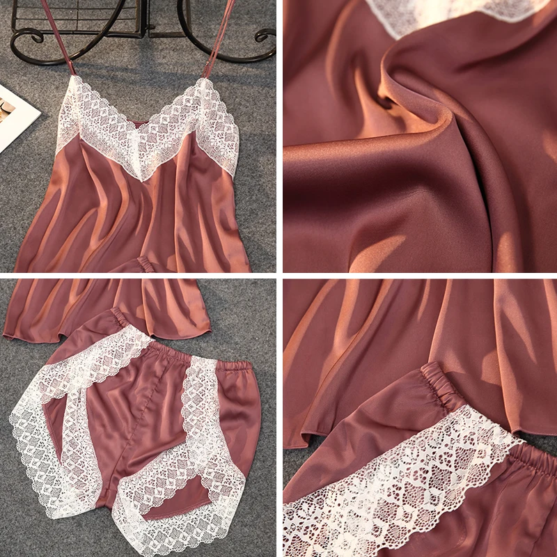 

Sexy Lace V Neck Sling Sleepwear Women Pajamas Silk Patchwork Sleeveless Homewear Set Female Nightwear Backless Short Nighties