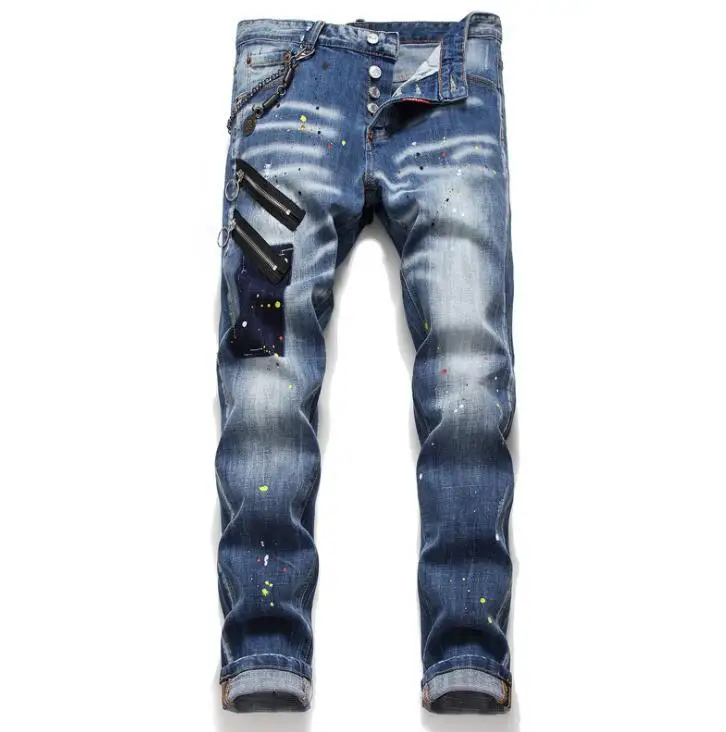 mens jesns washed lacquer cat-whisker slim stretch jeans European and American small feet trendy beggar pants trendy pants