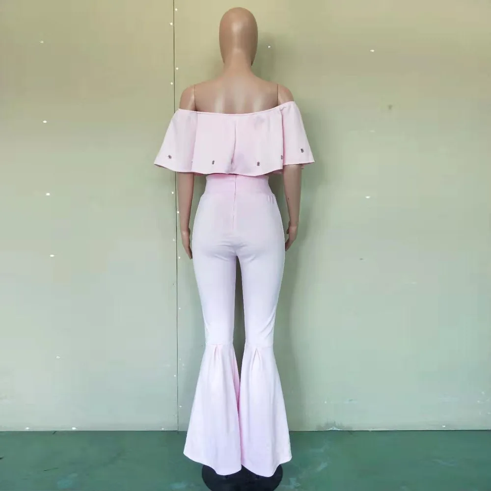 

Ruffles Sexy Off Shoulder Two Piece Sets Eyelet Patchwork Ruffed Slash Neck Crop Top With Flare Pants Women Pink Club Rompers