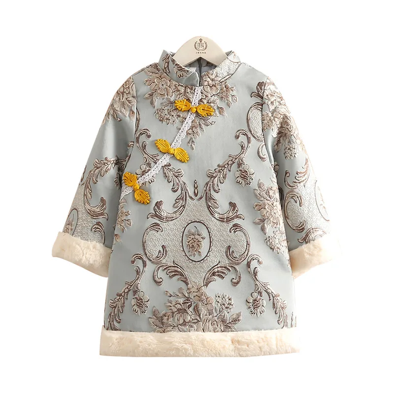 

Girls Winter Cheongsam 2020 New Year 2-10 Years Embroidery Plus Velvet Ethnic Chinese Tang Style Thickening Kids Baby Girl Dress