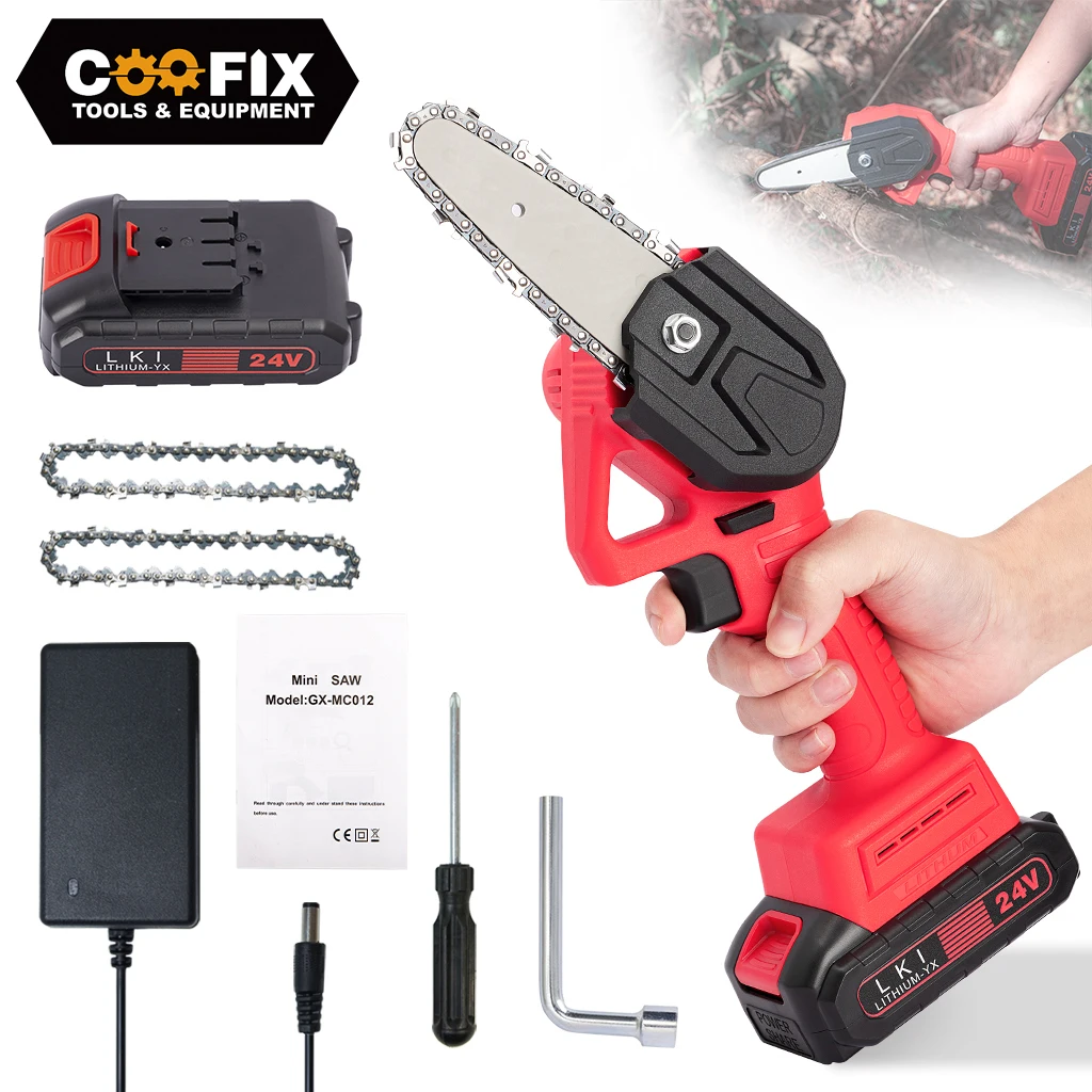 4 Inch Mini Chainsaw Rechargeable 24V Cordless Power Hand Held Chainsaw for Tree Branch Wood Cutting Electric Pruning Saw