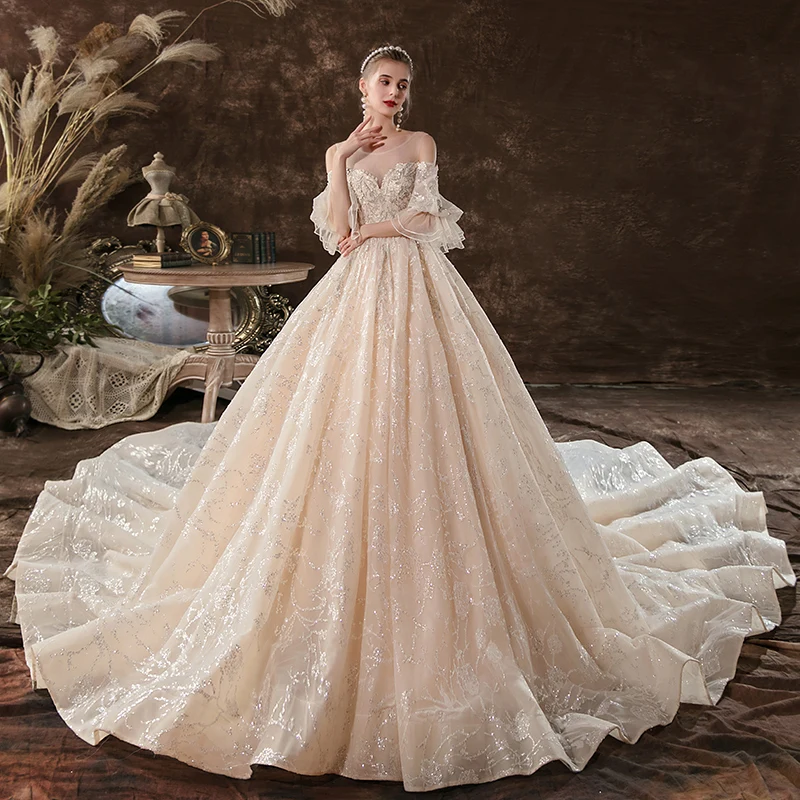 

Sequins Wedding Dress O-Neck Tulle Floral Print Embroidery Three Quarter Sleeves Elegant Lace up Long Women Bride Dresses B039