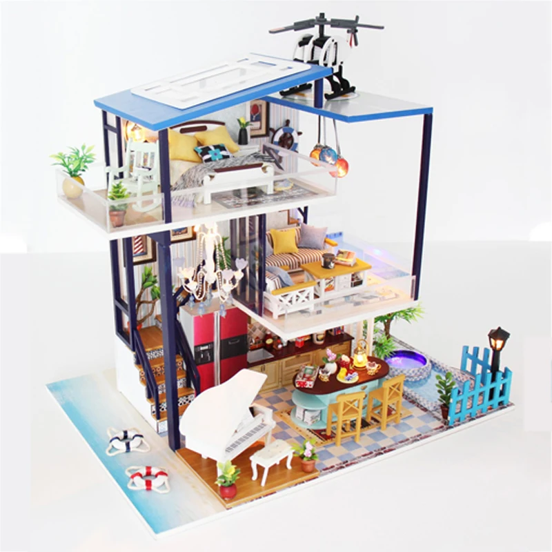 DIY кукольный домик Миниатюрная модель синий дом любви мебель королева деревянные