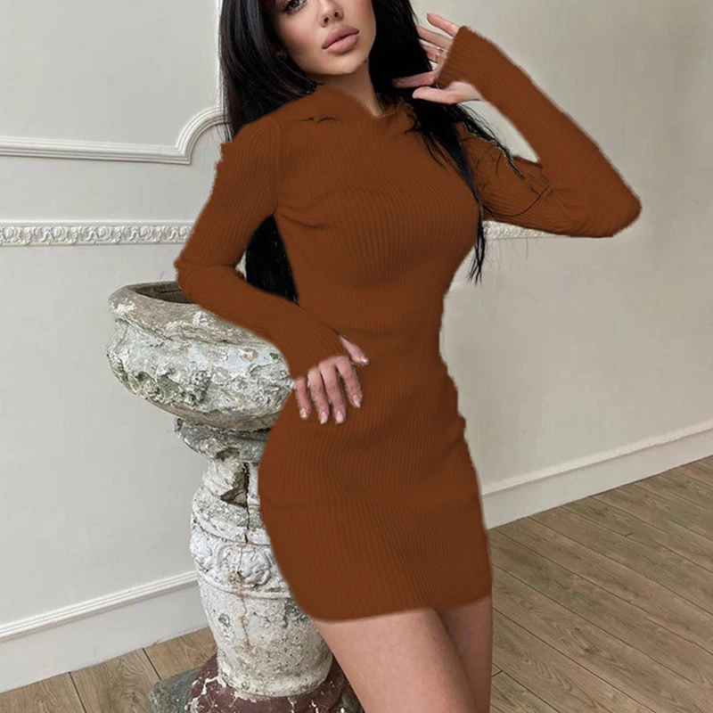 

Women Knitted Hooded Mini Sheath Bodycon Dress Long Sleeve Dresses Ribbed Casual Female Brown 2021 Slim Autumn Winter Vestidos