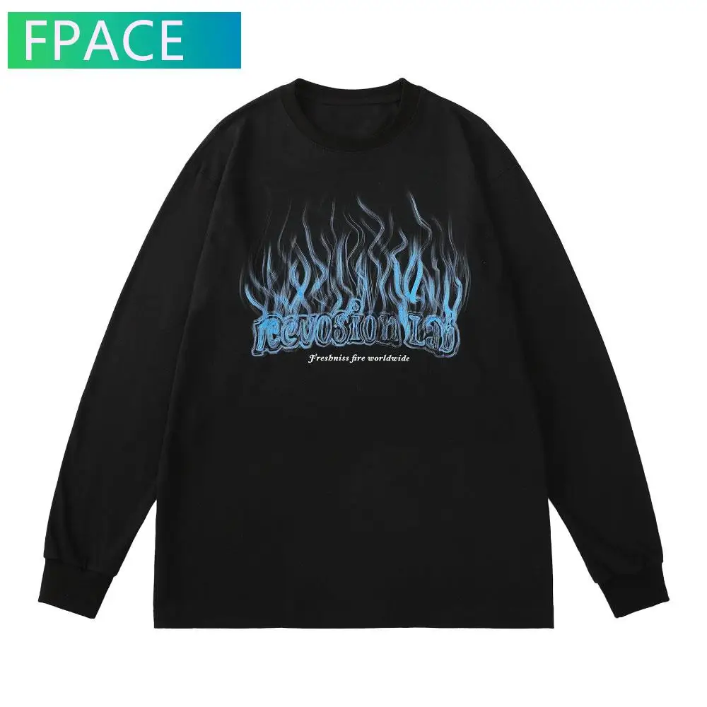 

Футболка FPACE мужская оверсайз, уличная одежда в стиле хип-хоп, готический принт с надписью пламени, рубашка в стиле панк-рок, Топ с длинным ру...