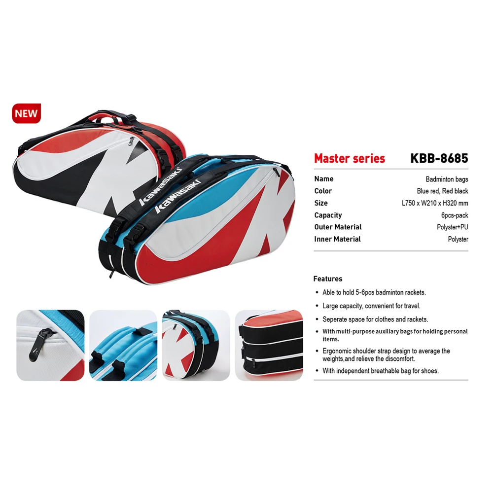 

2021 Kawasaki Badminton Bag Tennis Bag Large Capacity Racquet Sports Bag For 6 Badminton Rackets With Two Shoulders KBB-8685