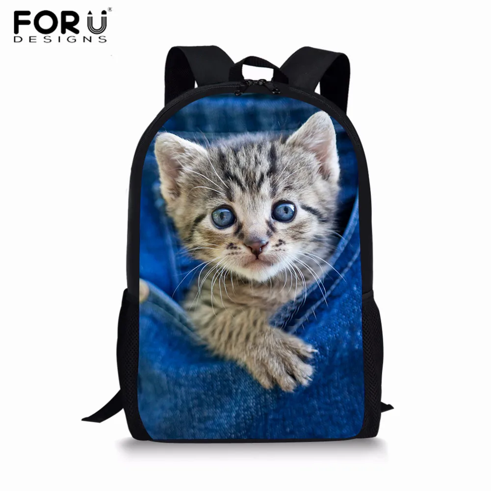 Джинсовый большой школьный рюкзак forujeans с объемным принтом кошки для девочек и