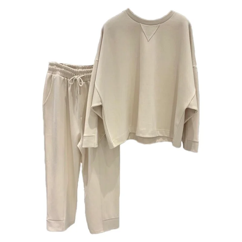 

Spring Two Piece Set Woman New Loose O-neck Hoody Simple Solid Sweatshirts Women + 2021 Casual Pants All Match Trousers