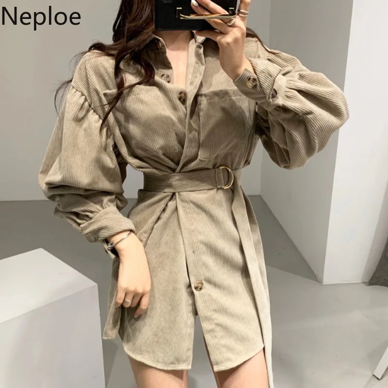 Neploe Вельветовая блуза средней длины рубашка с поясом тонкая талия женская осень