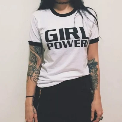 

Girl Power 90s Vintage Ringer T-Shirt Women Feminism Slogan Tee Casual Short Sleeve Black White tops grunge tumblr shirt- K141