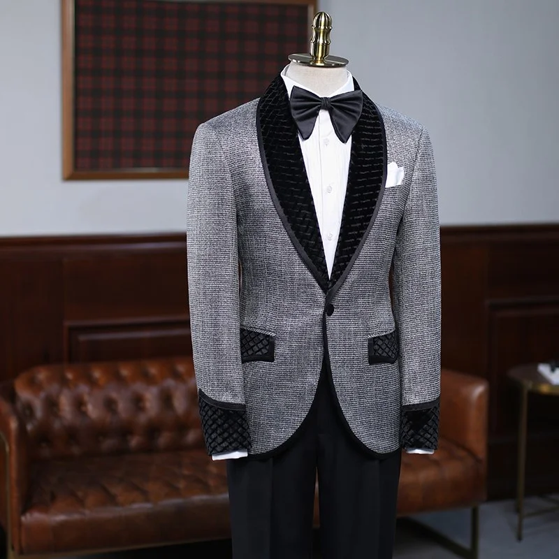 

Men Luxury Banquet Party Formal Blazer Jacket Slim Fit Velvet Patchwork Business Man Suit Coat Gentleman Blazers Terno Masculino