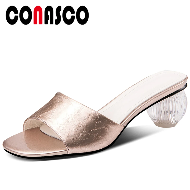 

CONASCO New Fashion Casual Women Genuine Leather Sandals Peep Toe Slippers Pumps Crystal High Heels Shoes Woman Concsie Sandals