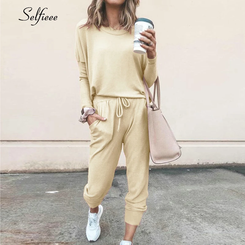 Casual Women 2 Piece Set Women's Sweat Suit Solid Color O-Neck Long Sleeve Drawstring Autumn Winter Stripe Shirt 2020 |
