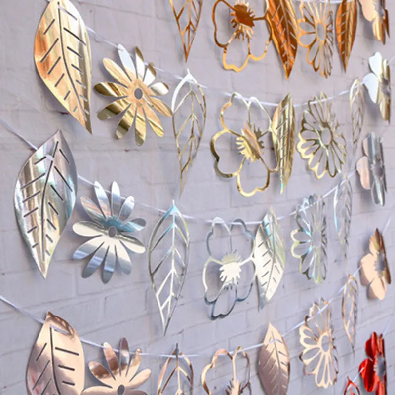 Золотой Серебряный ажурный цветок листья гирлянда флаг наклейка на стену день