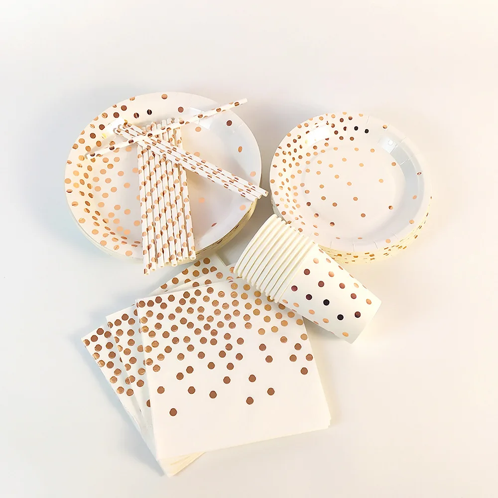 

Розовое золото, товары для вечеринок в горошек, Одноразовый бумажный стаканчик, бумажная тарелка, 146 штук, украшение для набора посуды