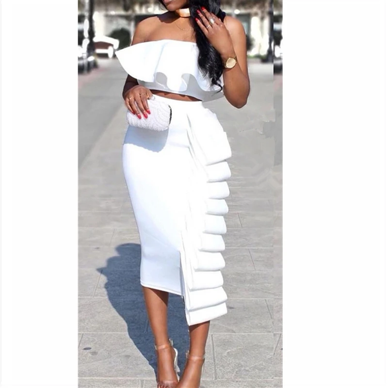 White 2 PCS Set Женский комплект из 2 предметов, укороченный топ, юбки, сексуальный вечерний костюм с оборками и открытыми плечами, тонкий Юп, модный летний костюм с открытой спиной для вечеринки - Цвет: White 2 PCS Set