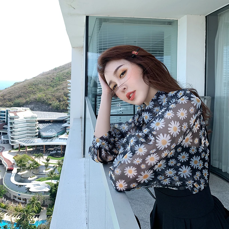 

Summer Daisy Print Puff Sleeve Sexy Perspective Chiffon Womens Tops and Blouses Blusas Mujer De Moda Female Shirts