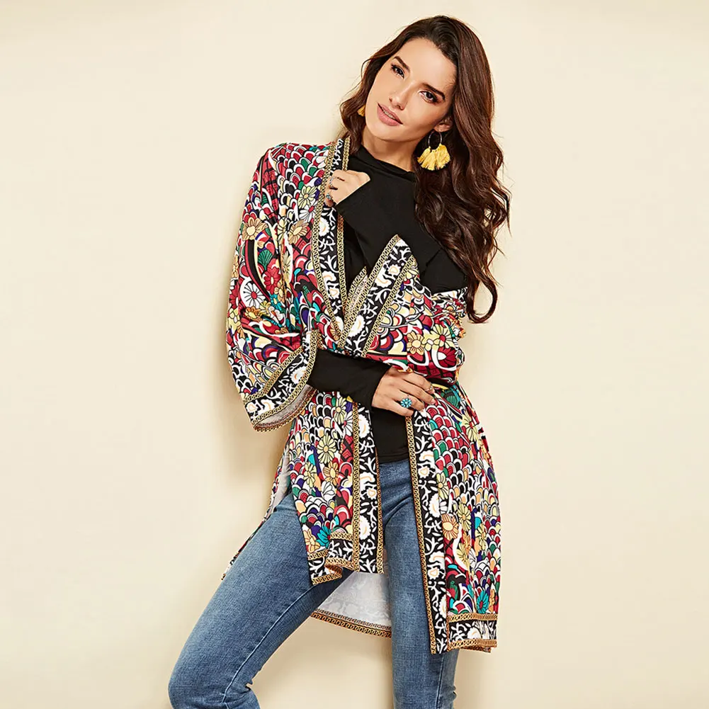 Женская Осенняя верхняя одежда с этническим цветочным принтом длинным рукавом