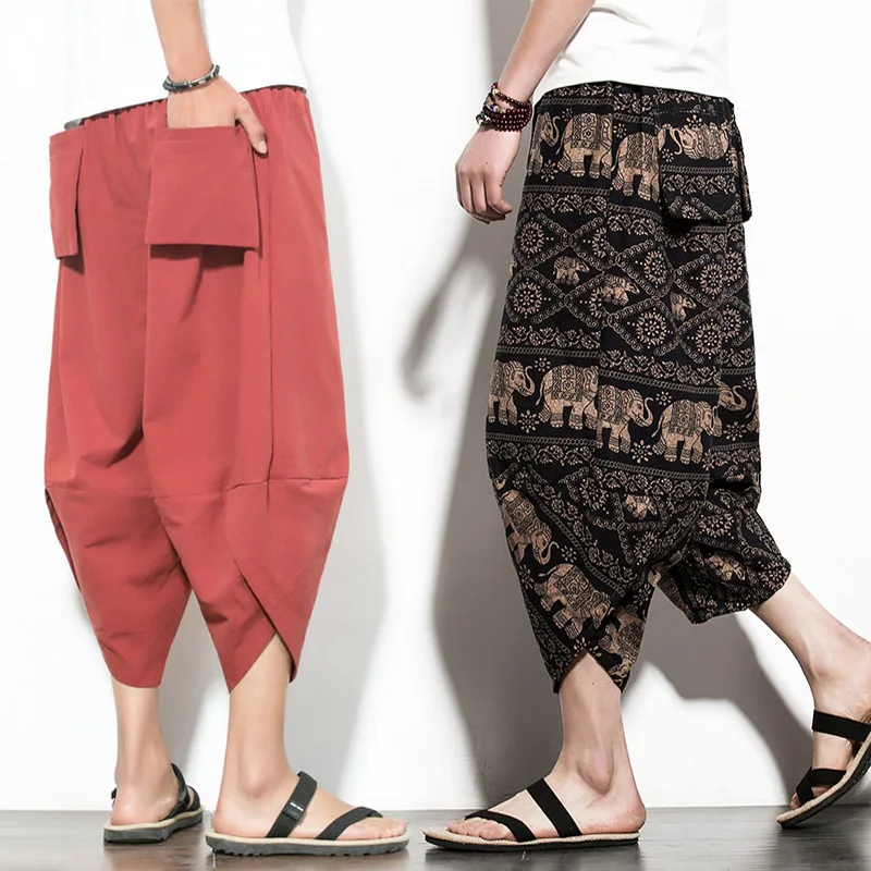

Japanese Kimono Haori Pants Asian Men Kimono Yukata Ukiyo Wave Print Casual Elastic Cartoon Leisure Loose Harem Trousers SL3904