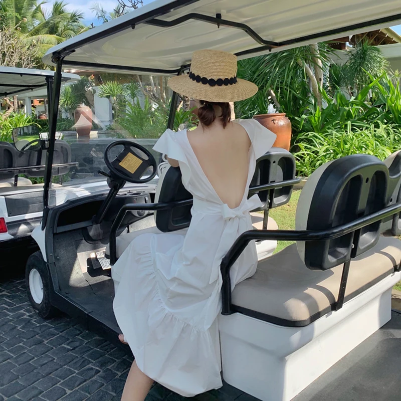 

Backless High Waist Elegant Party Vacation Runway 2021 Vestidos Tropical Beach Sundress Long White Vintage Women Summer Dresses